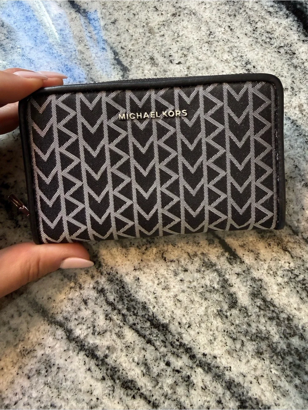 Michael Kors Black and White Monogram Zip Card Holder